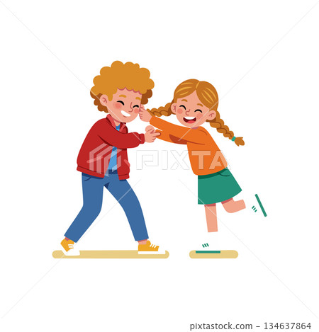 Two children playing happily together with joyful expressions in colorful casual clothes vector illustration 134637864