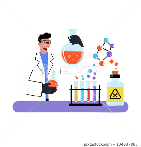 Scientist conducting chemical experiment with colorful test tubes and molecular model in laboratory vector illustration 134637865