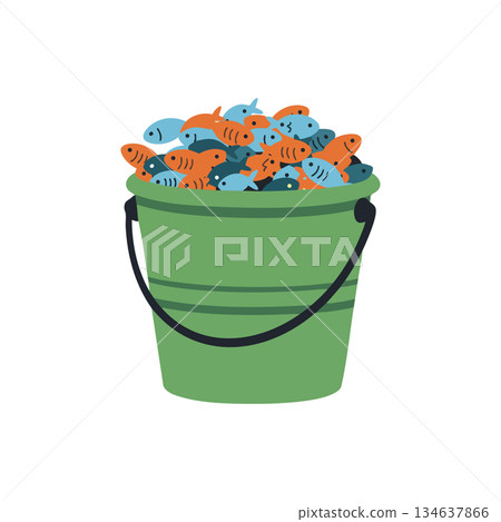 Bucket filled with colorful fish in cartoon style for fishing or seafood concept vector illustration Bucket filled with colorful fish in cartoon style for fishing or seafood concept vector illustration 134637866