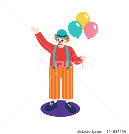 Clown holding colorful balloons in red suspenders and striped pants waving hand in cheerful pose vector illustration Clown holding colorful balloons in red suspenders and striped pants waving hand in cheerful pose vector illustration 134637869