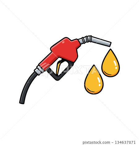 Red Fuel Pump Nozzle with Yellow Drops Fuel Gasoline Icon Vector Illustration 134637871