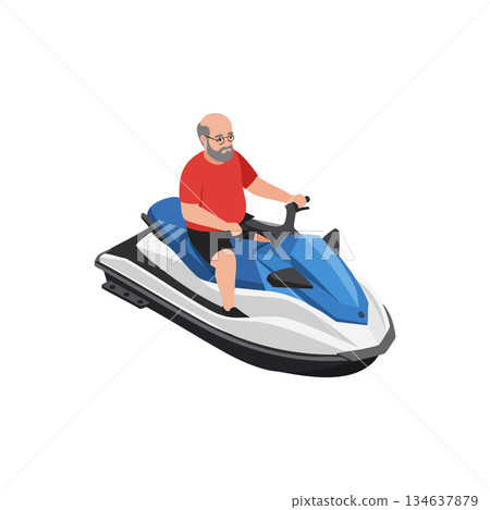 Man riding blue and white personal watercraft jet ski vector illustration in casual summer outfit Man riding blue and white personal watercraft jet ski vector illustration in casual summer outfit 134637879