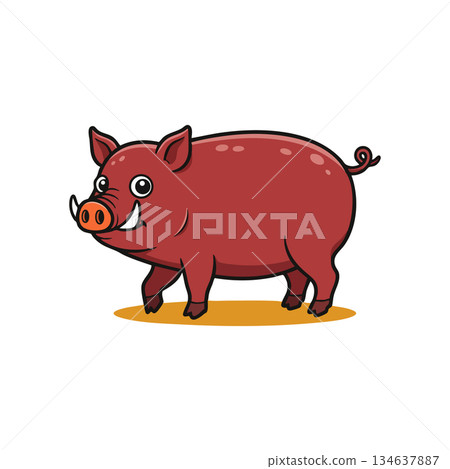 Red Cartoon Pig Vector Illustration with Cute Expression and Standing Pose on White Background 134637887