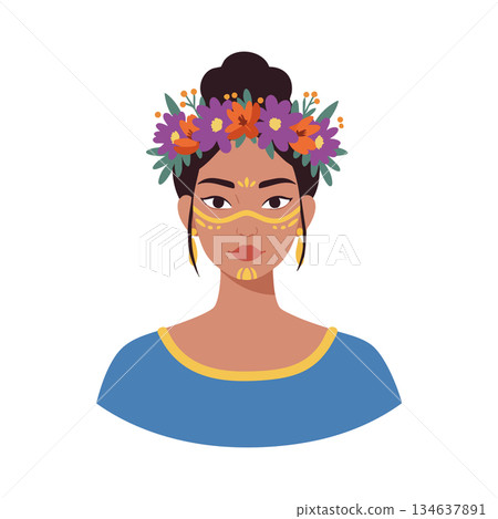 Woman with floral crown and traditional face paint wearing blue top in vector style illustration 134637891