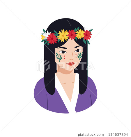 Woman with flower crown and leaf face paint wearing purple blouse vector portrait illustration 134637894