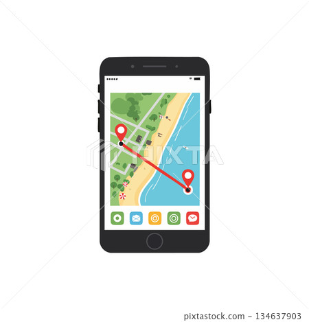 Smartphone GPS navigation with location pins marking route on beach and park map screen display vector illustration Smartphone GPS navigation with location pins marking route on beach and park map screen display vector illustration 134637903
