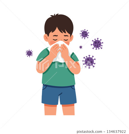 Boy sneezing with tissue surrounded by purple virus germs illustration for health and illness awareness vector 134637922