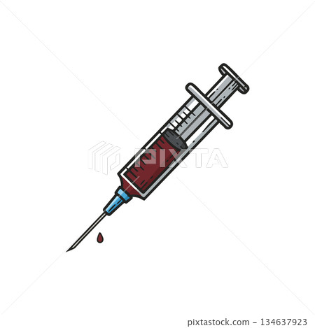 Syringe filled with red liquid medical injection tool vector illustration for healthcare and medicine concept Syringe filled with red liquid medical injection tool vector illustration for healthcare and medicine concept 134637923