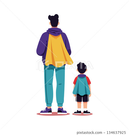 Adult and child wearing colorful capes standing side by side looking forward in casual clothing vector illustration 134637925