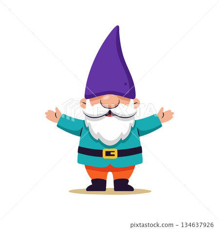 Garden gnome with purple hat white beard and colorful clothes vector illustration of cheerful dwarf character 134637926