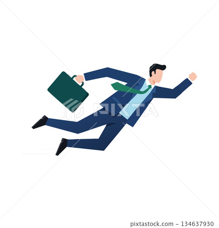 Businessman running fast with briefcase in blue suit and green tie vector illustration 134637930