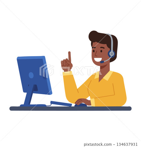 Customer service representative working at computer wearing headset and pointing up vector illustration Customer service representative working at computer wearing headset and pointing up vector illustration 134637931
