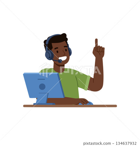 Customer support representative with headset pointing finger at computer desk vector illustration Customer support representative with headset pointing finger at computer desk vector illustration 134637932