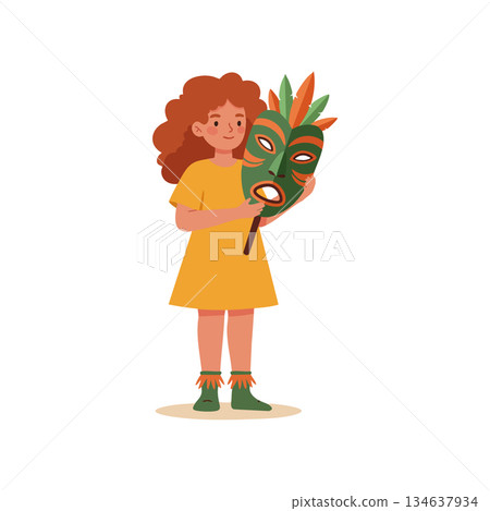 Girl Holding Tribal Mask with Green and Orange Feathers in Simple Vector Illustration Girl Holding Tribal Mask with Green and Orange Feathers in Simple Vector Illustration 134637934
