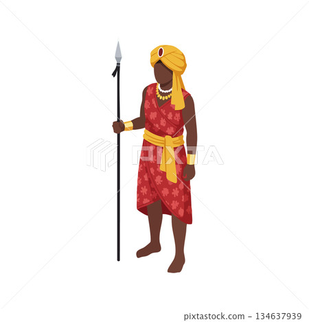 African warrior standing with spear wearing traditional red clothing and yellow turban holding weapon vector illustration African warrior standing with spear wearing traditional red clothing and yellow turban holding weapon vector illustration 134637939