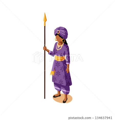 African woman wearing traditional purple clothing holding spear standing upright in confident pose vector illustration African woman wearing traditional purple clothing holding spear standing upright in confident pose vector illustration 134637941