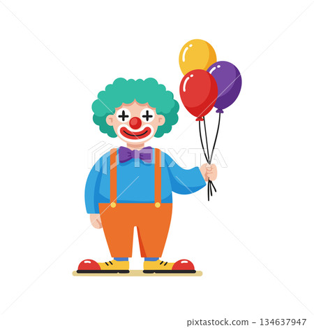 Clown holding colorful balloons with blue shirt orange pants and green hair cheerful vector graphic design Clown holding colorful balloons with blue shirt orange pants and green hair cheerful vector graphic design 134637947