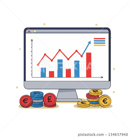 Financial growth chart with euro and pound coins on computer screen showing increasing data trends vector illustration Financial growth chart with euro and pound coins on computer screen showing increasing data trends vector illustration 134637948