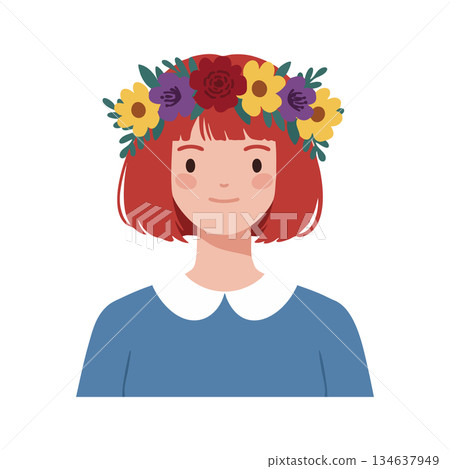 Girl with red hair wearing floral crown and blue dress with white collar vector portrait illustration 134637949