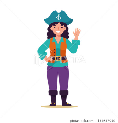 Female pirate character waving hand in colorful outfit with hat and boots vector illustration Female pirate character waving hand in colorful outfit with hat and boots vector illustration 134637950