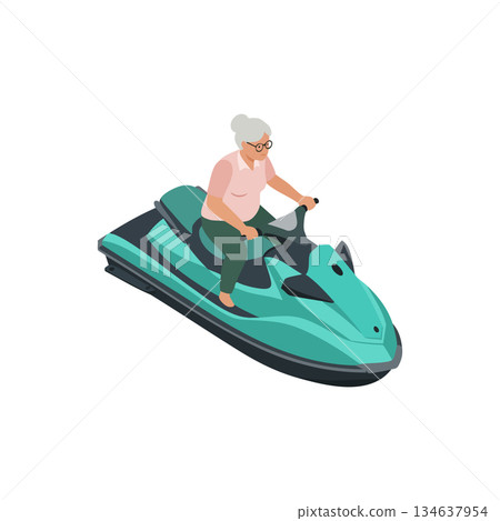 Elderly woman riding teal jet ski on water outdoor active recreation modern lifestyle vector illustration 134637954