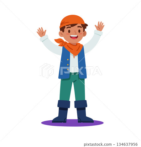 Happy cheerful boy in colorful pirate costume smiling with hands raised vector character illustration Happy cheerful boy in colorful pirate costume smiling with hands raised vector character illustration 134637956