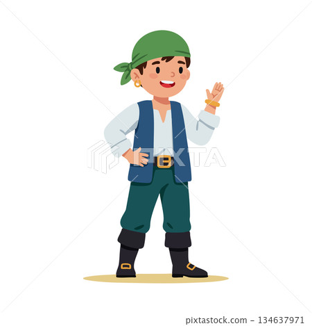 Pirate boy character with green headscarf waving hand in cartoon style vector illustration 134637971