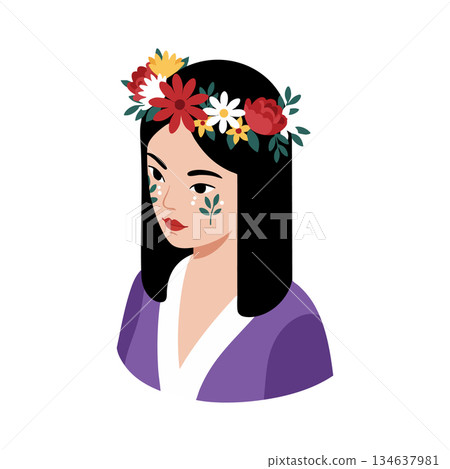 Woman wearing flower crown with dark hair and purple clothing natural beauty floral design vector illustration Woman wearing flower crown with dark hair and purple clothing natural beauty floral design vector illustration 134637981