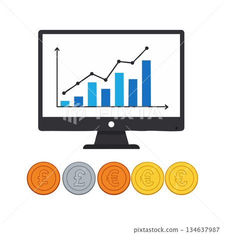 Financial growth chart with currency coins and rising bar graph on computer screen vector illustration for business and investment analysis Financial growth chart with currency coins and rising bar graph on computer screen vector illustration for business and investment analysis 134637987