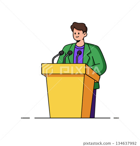 Man speaking at podium with microphones in green jacket and purple shirt vector illustration Man speaking at podium with microphones in green jacket and purple shirt vector illustration 134637992