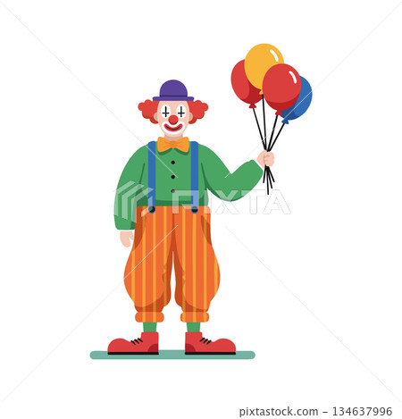 Clown holding colorful balloons in playful costume with orange pants and green shirt vector illustration 134637996