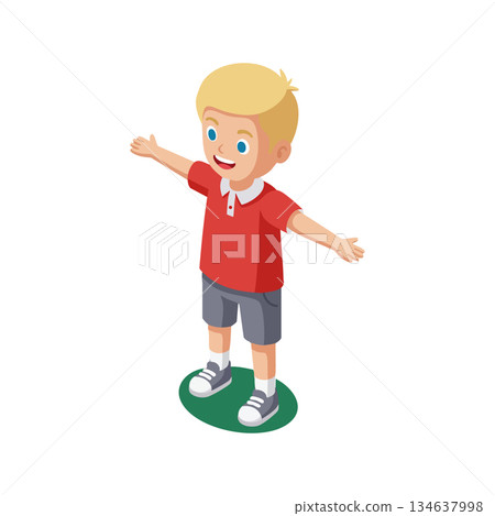 Boy with blonde hair wearing red shirt and gray shorts standing with arms wide open vector illustration 134637998