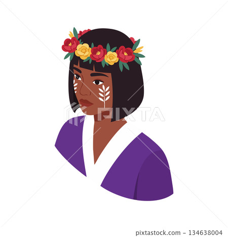 Woman with floral crown and traditional face paint wearing purple clothing vector illustration 134638004