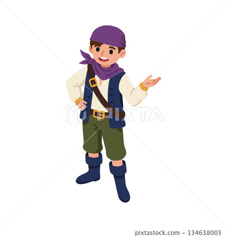 Young boy dressed as pirate with purple bandana and vest presenting with confident smile vector illustration Young boy dressed as pirate with purple bandana and vest presenting with confident smile vector illustration 134638005