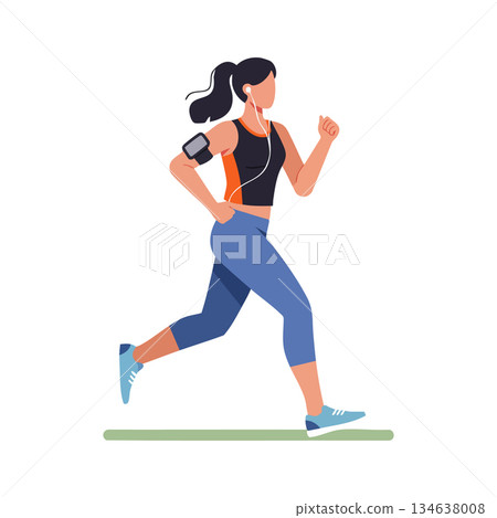 Woman running outdoors wearing sportswear with earphones and armband for fitness tracking on jogging activity 134638008