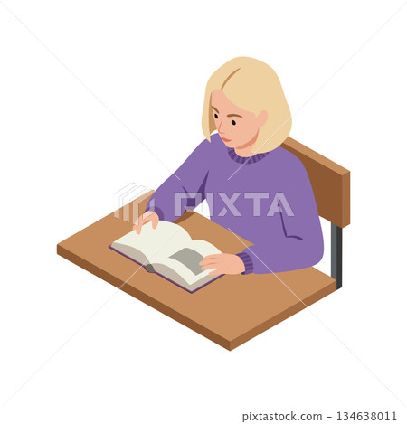 Girl reading book at desk in purple sweater focused on study and learning vector illustration 134638011