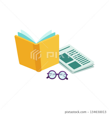 Open book with reading glasses and newspaper vector illustration for education and information concepts 134638013