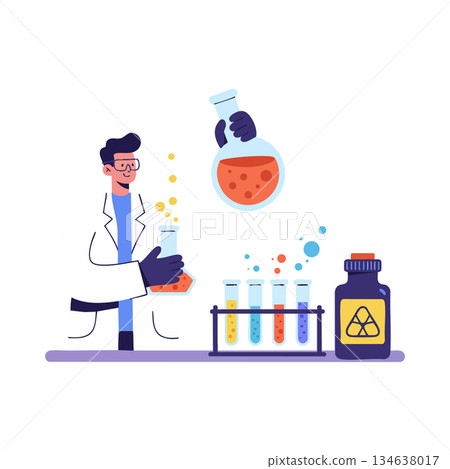 Scientist working with chemical flasks and test tubes in laboratory setting vector illustration Scientist working with chemical flasks and test tubes in laboratory setting vector illustration 134638017