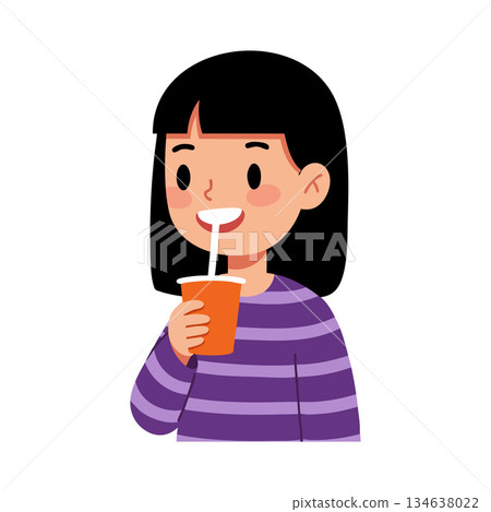 Girl drinking from an orange cup with straw wearing purple striped shirt happy expression vector illustration 134638022