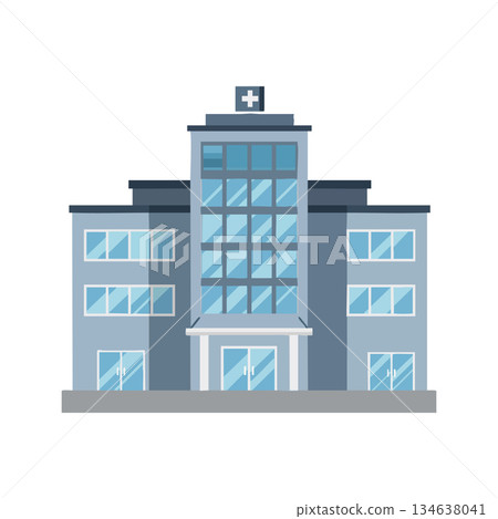 Hospital building with blue glass windows and medical cross symbol on roof vector illustration modern healthcare center architecture design 134638041