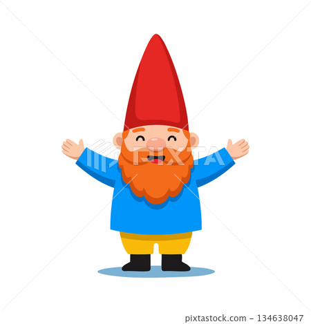 Cartoon gnome with red hat and orange beard smiling with open arms in colorful outfit vector illustration Cartoon gnome with red hat and orange beard smiling with open arms in colorful outfit vector illustration 134638047