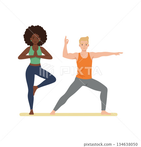 Yoga couple practicing different poses for fitness and wellness in comfortable activewear for healthy lifestyle Yoga couple practicing different poses for fitness and wellness in comfortable activewear for healthy lifestyle 134638050