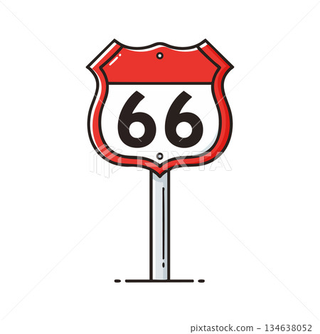 Route 66 road sign vector illustration with red and white colors on metal pole isolated on white background 134638052