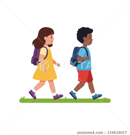 Two children walking with backpacks going to school or on a stroll in casual clothes vector illustration 134638057