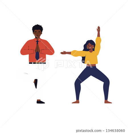 Two diverse people practicing yoga poses together in casual clothing for wellness and fitness vector illustration 134638060