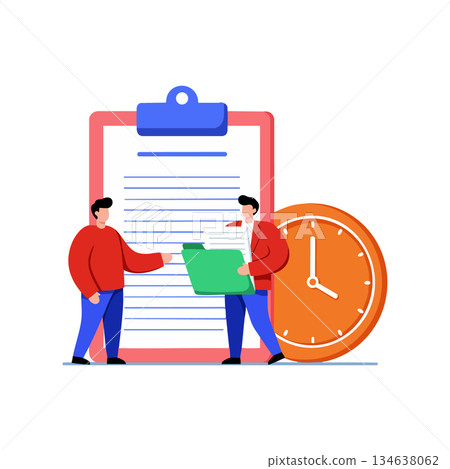 Two business men discussing documents with large clipboard and orange clock time management concept vector illustration 134638062
