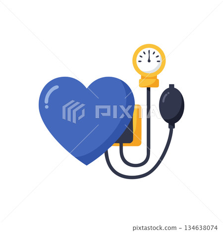 Heart health blood pressure monitor vector illustration with blue heart and yellow gauge for medical and wellness design 134638074