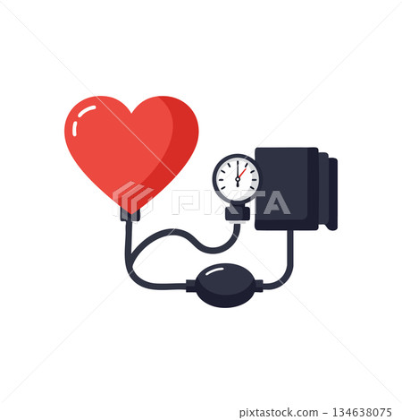 Heart shaped blood pressure monitor with cuff and gauge for health checkup and medical care vector illustration 134638075