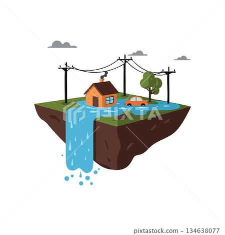 Flooded house with car and tree on island with waterfall and power lines natural disaster concept vector illustration 134638077