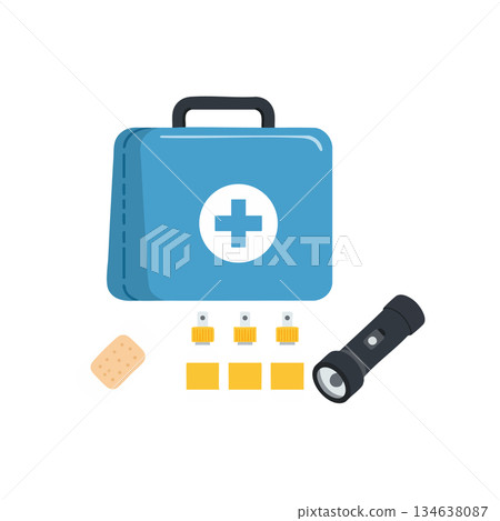 First aid kit with flashlight bandage and medical supplies emergency preparedness essentials vector illustration First aid kit with flashlight bandage and medical supplies emergency preparedness essentials vector illustration 134638087